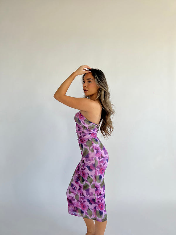 Glamorous Blurred-Purple Floral Bandeau Midaxi-Dress