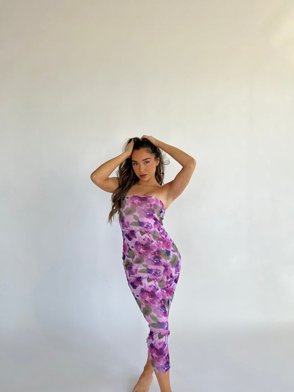 Glamorous Blurred-Purple Floral Bandeau Midaxi-Dress