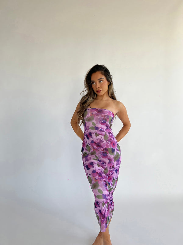 glamorous Blurred-Purple Floral Bandeau Midaxi-Dress