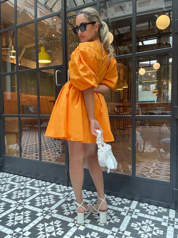 Glamorous Bright-Orange Puff-Sleeve Skater Mini-Dress