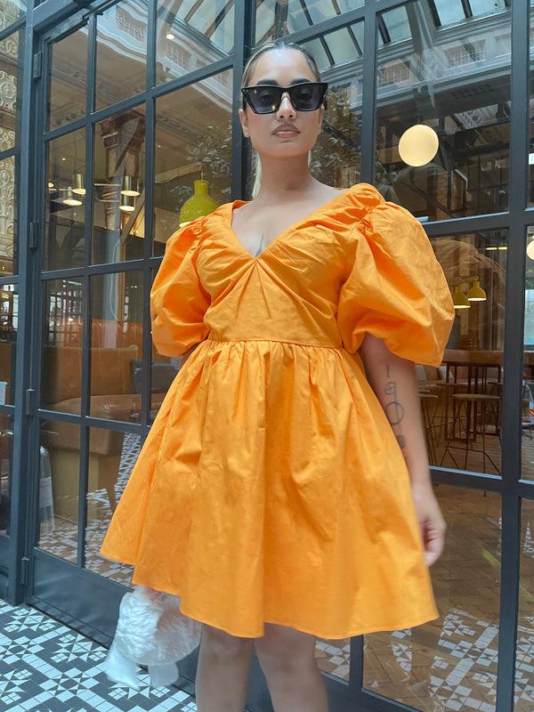 Glamorous Bright-Orange Puff-Sleeve Skater Mini-Dress