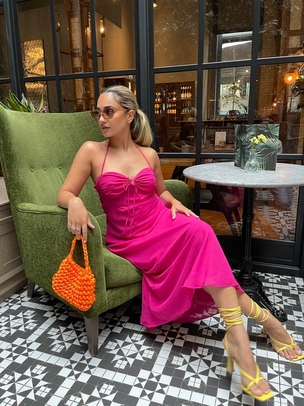 glamorous Bright-Pink Gathered-Bust Halterneck Midaxi-Dress