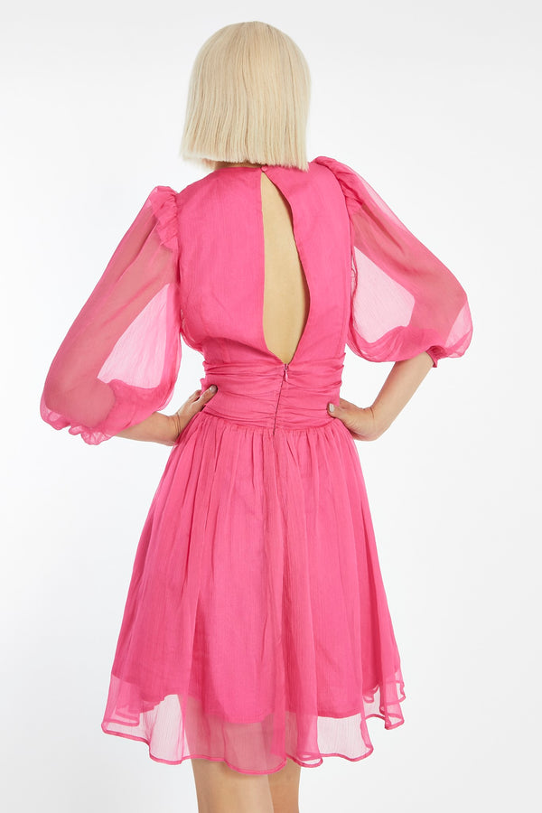 Glamorous Bright-Pink Gathered Plunge Puff Sleeve Mini-Dress