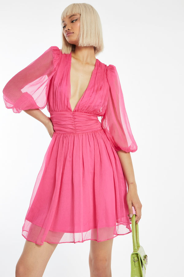 Glamorous Bright-Pink Gathered Plunge Puff Sleeve Mini-Dress
