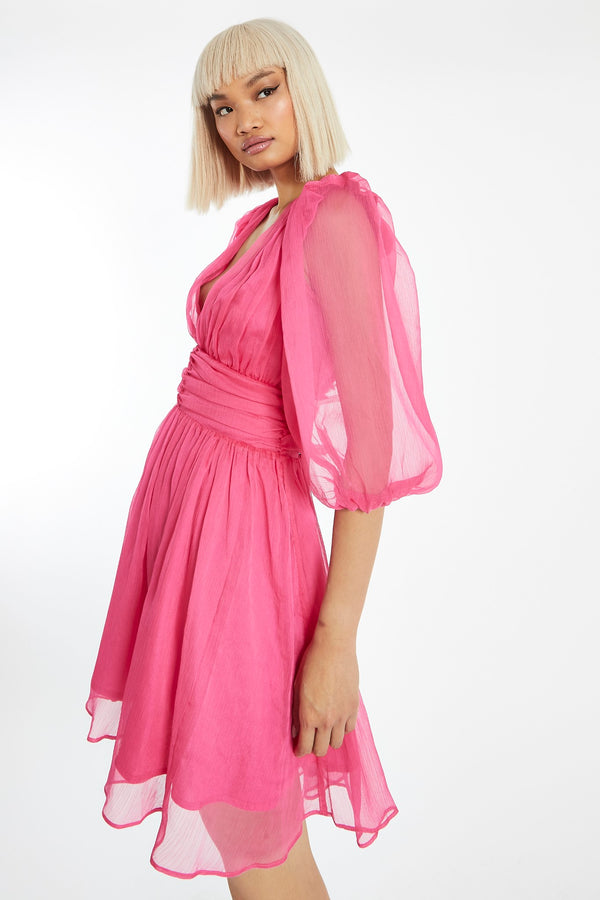 Glamorous Bright-Pink Gathered Plunge Puff Sleeve Mini-Dress