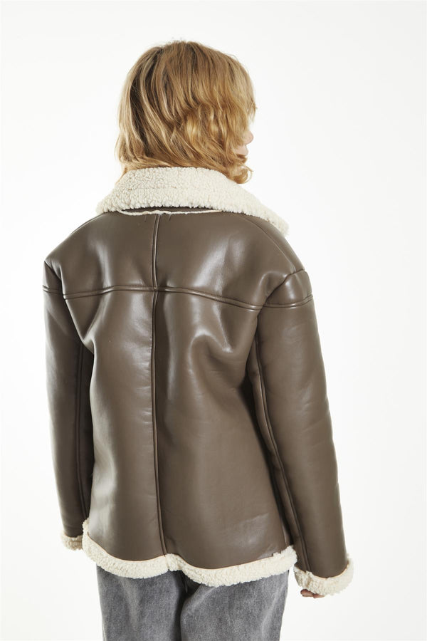 Glamorous Brown-Cream Double-Breasted Fur-Trim Coat