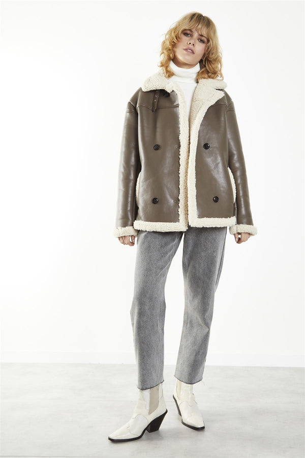 glamorous Brown-Cream Double-Breasted Fur-Trim Coat