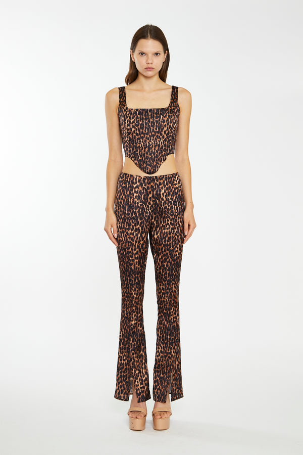 glamorous Brown-Leopard Split-Front Flared Trousers