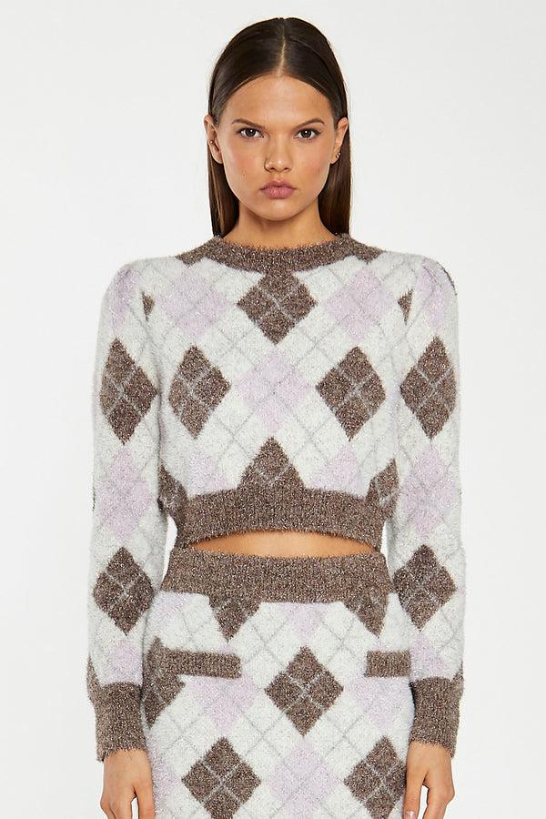 Glamorous Brown Multi-Argyle Glitter Knit Crop-Jumper