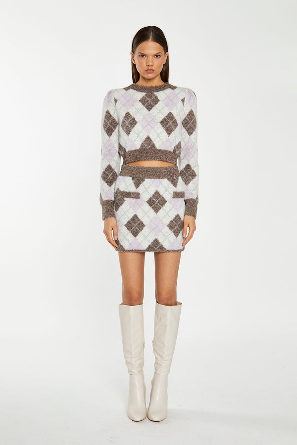 Glamorous Brown Multi-Argyle Glitter Knit Crop-Jumper