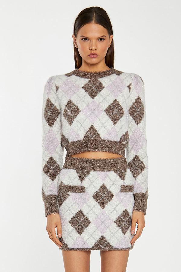 Glamorous Brown Multi-Argyle Glitter Knit Mini-Skirt