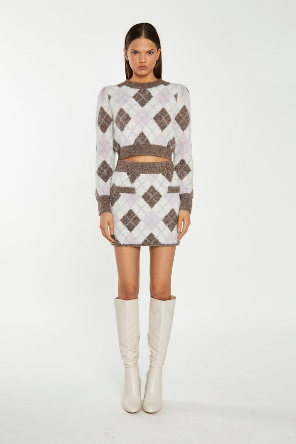 glamorous Brown Multi-Argyle Glitter Knit Mini-Skirt