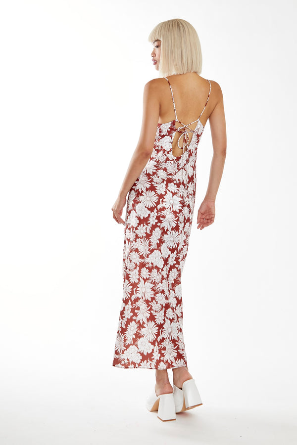 Glamorous Brown Resort-Floral Cowl-Neck Strappy Midi-dress