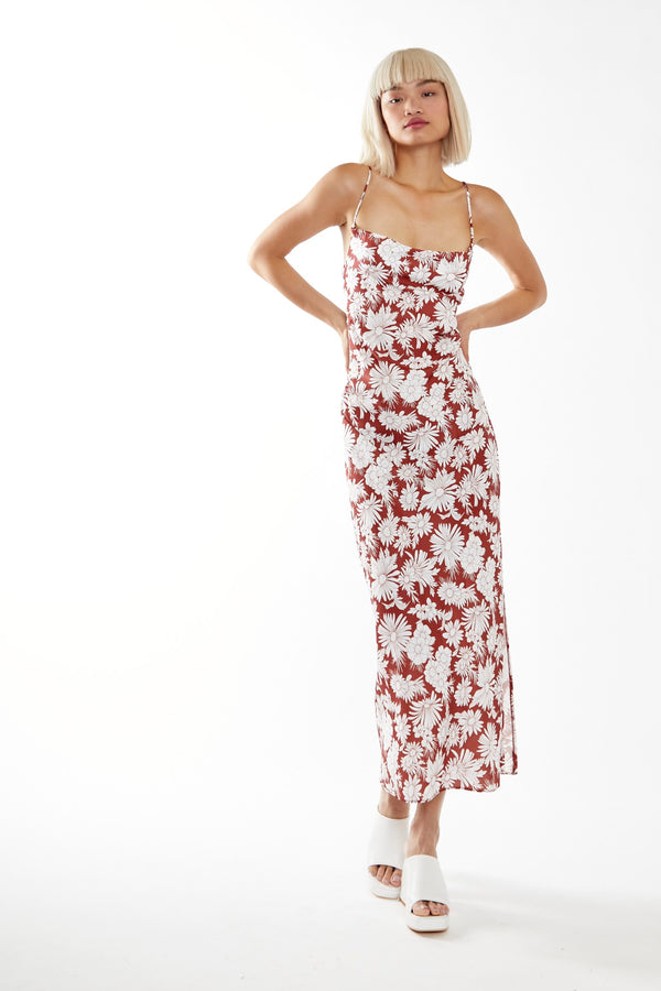 Glamorous Brown Resort-Floral Cowl-Neck Strappy Midi-dress
