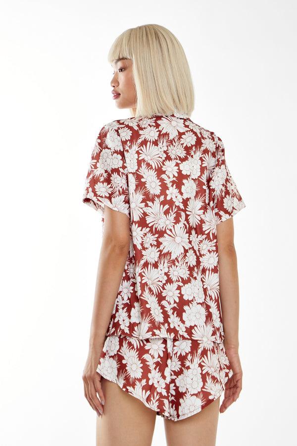 Glamorous Brown Resort-Floral Loose Fit Collared-shirt