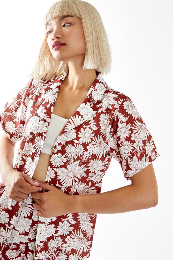 Glamorous Brown Resort-Floral Loose Fit Collared-shirt