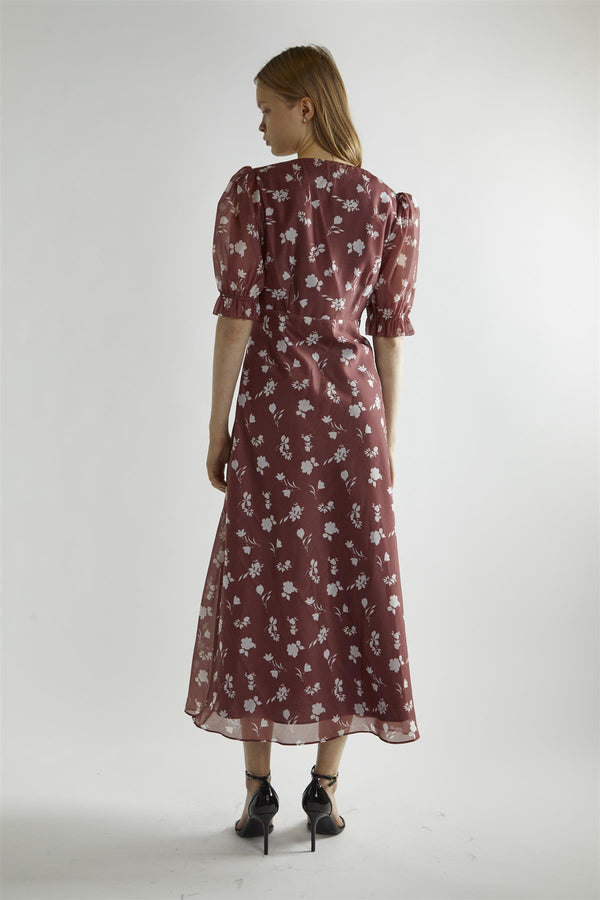 Glamorous Burgundy-Floral Organza V-Neck Midaxi-Dress