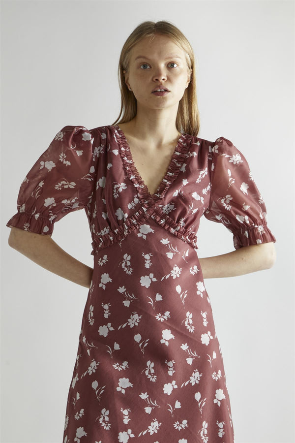 Glamorous Burgundy-Floral Organza V-Neck Midaxi-Dress
