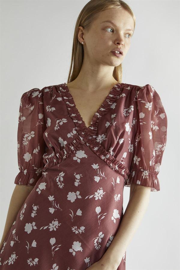 Glamorous Burgundy-Floral Organza V-Neck Midaxi-Dress