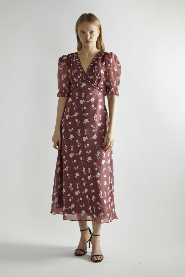 glamorous Burgundy-Floral Organza V-Neck Midaxi-Dress