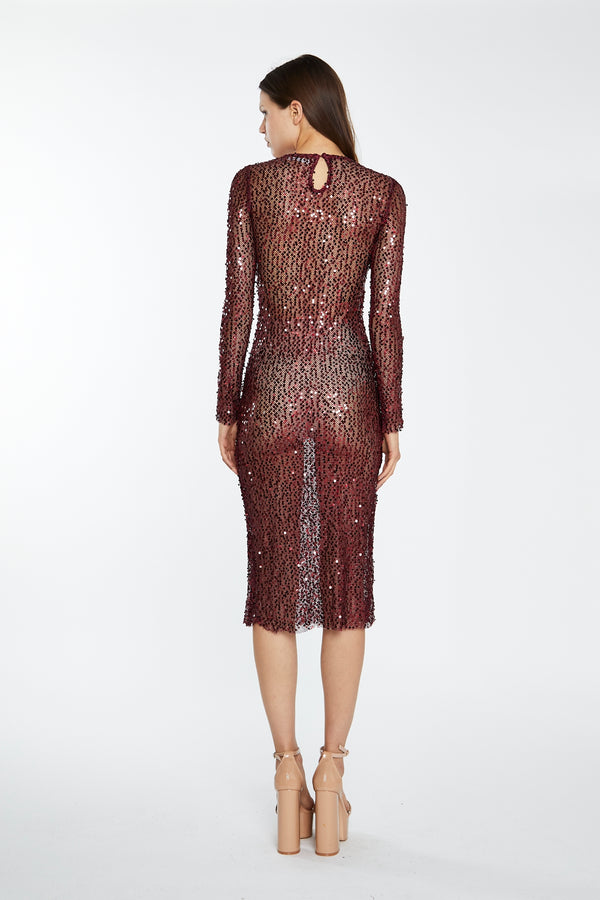 Glamorous Cabernet Mesh-Sequin Long-Sleeve Midi-Dress