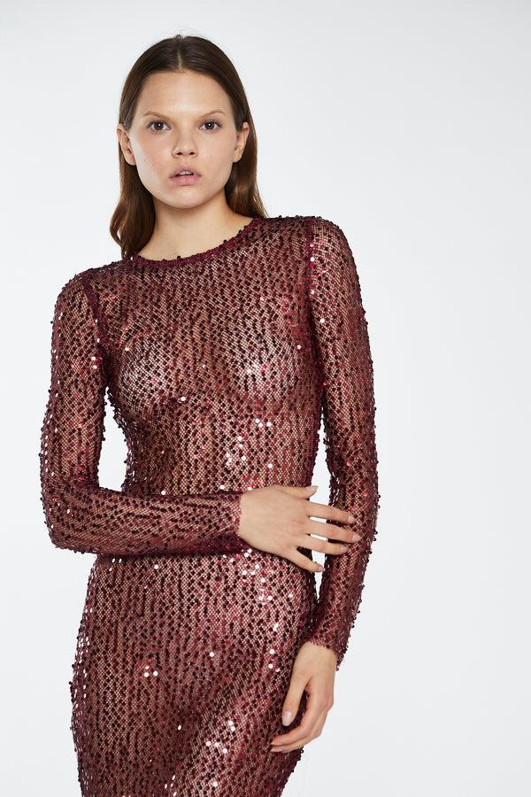 Glamorous Cabernet Mesh-Sequin Long-Sleeve Midi-Dress