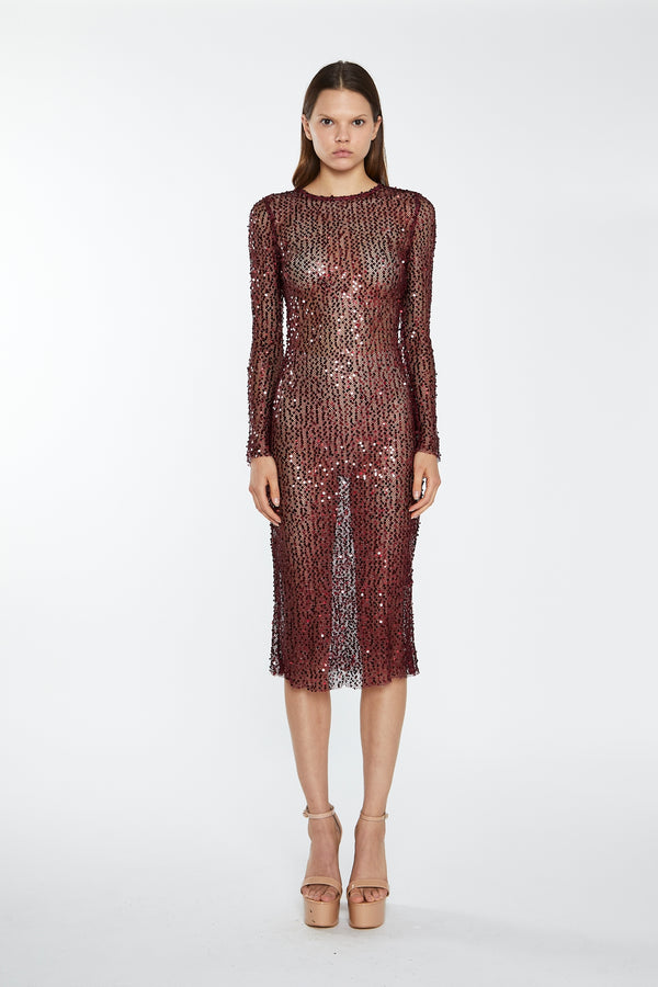 glamorous Cabernet Mesh-Sequin Long-Sleeve Midi-Dress