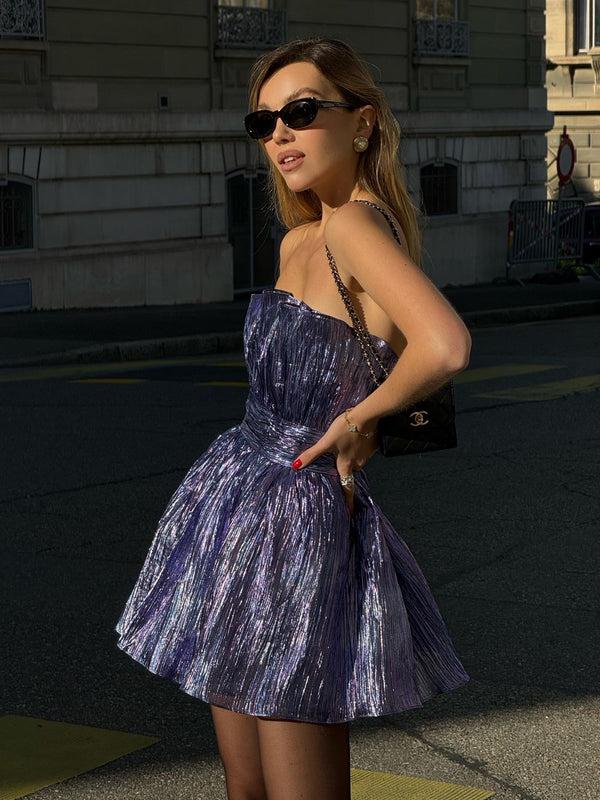 Glamorous Callie Gathered Bandeau Mini Dress-Purple-Blue Metallic
