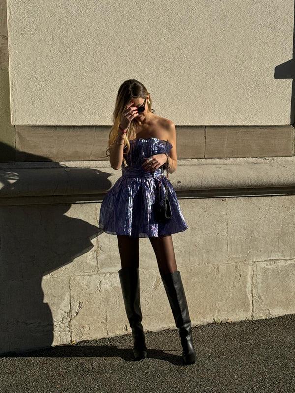 Glamorous Callie Gathered Bandeau Mini Dress-Purple-Blue Metallic