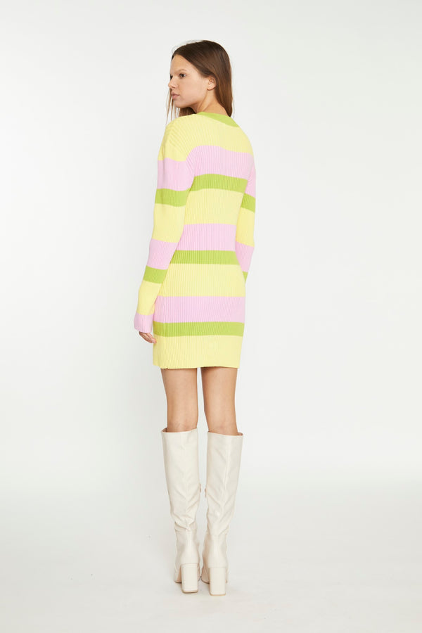 Glamorous Candy Pastel Stripe Button Rib-Knit Mini-Dress