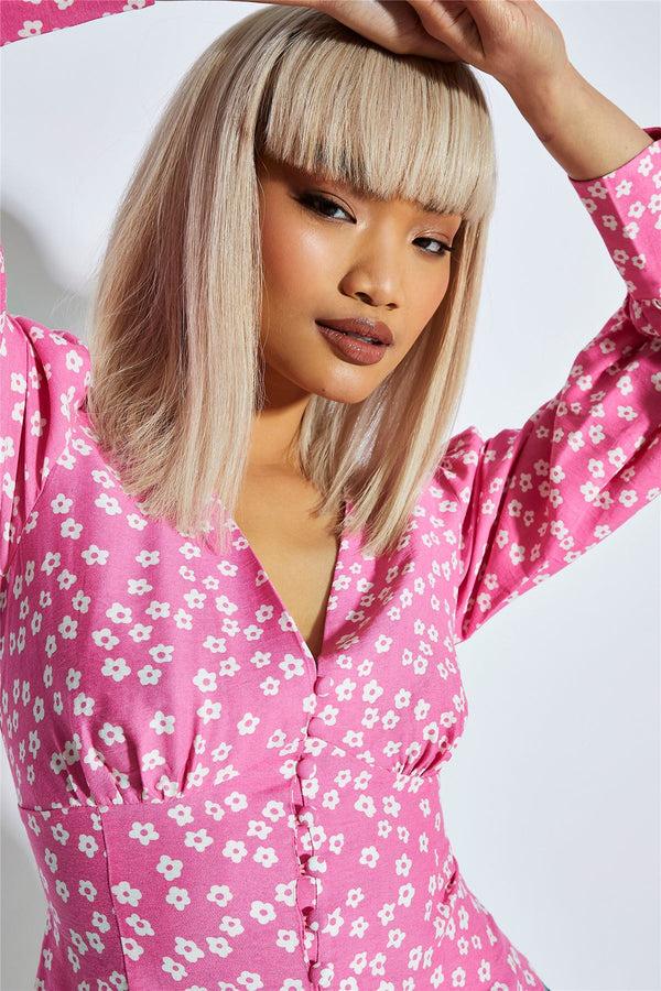Glamorous Candy Pink Flower Button Up Long Sleeve Blouse