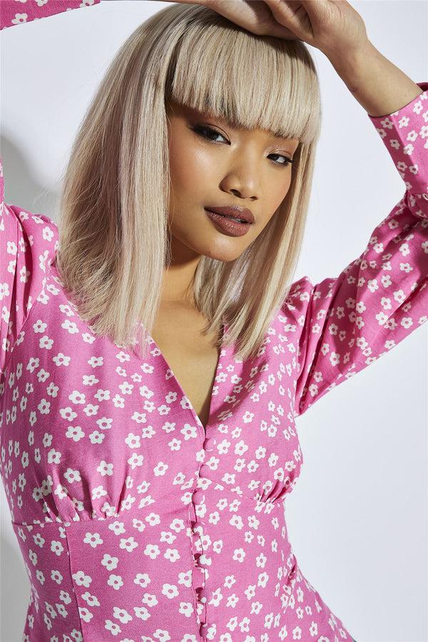 Glamorous Candy Pink Flower Button Up Long Sleeve Blouse