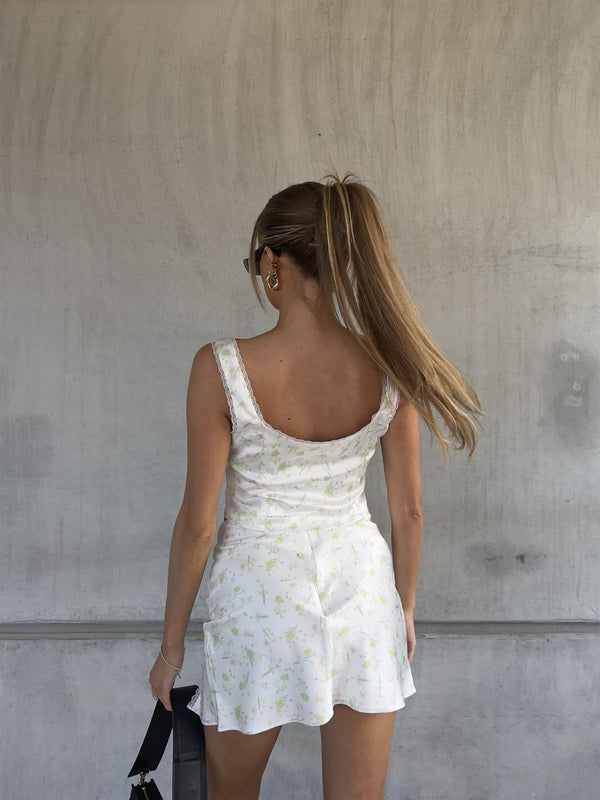 Glamorous Cassidy Co-ord Satin Button Up Top With Lace Trim -Green Pink Stem Floral