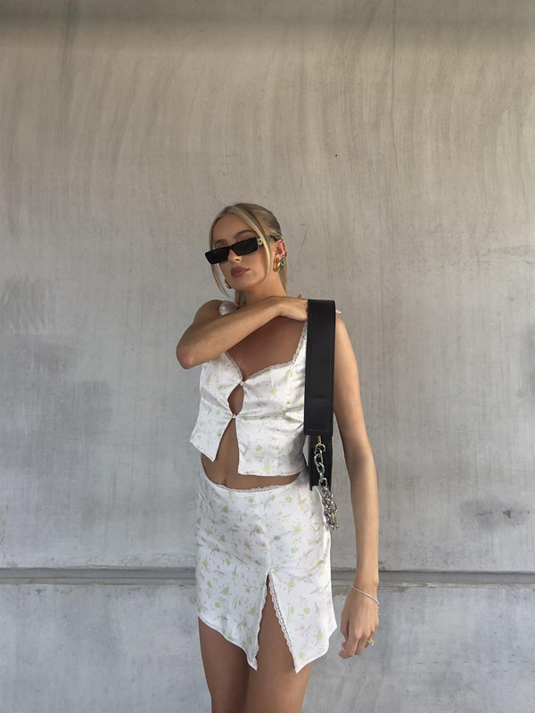 glamorous Cassidy Co-ord Satin Button Up Top with Lace Trim -Green Pink Stem Floral