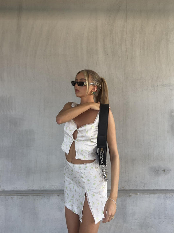 Glamorous Cassidy Co-ord Satin Wrap Skirt With Lace Trim -Green Pink Stem Floral