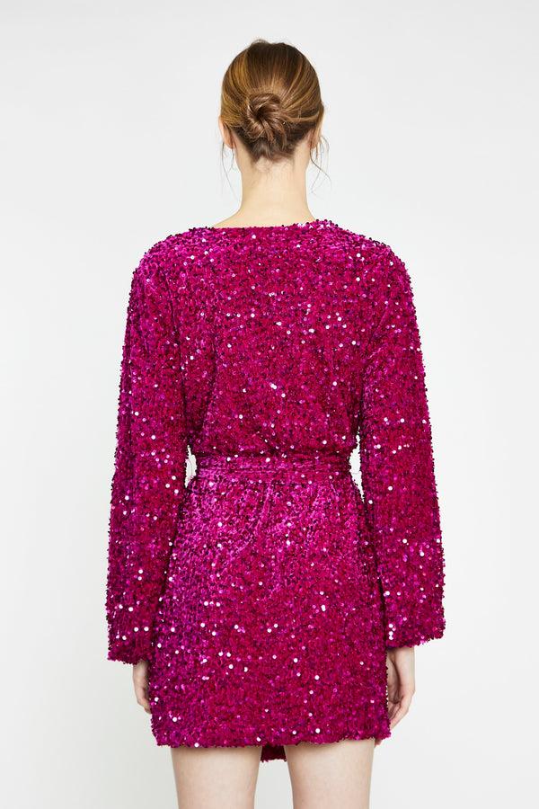 Glamorous Cerise Velvet-Sequin Tie-Waist Wrap Mini-Dress