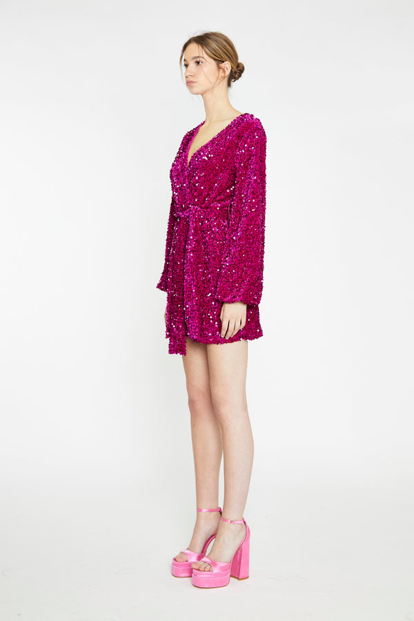 Glamorous Cerise Velvet-Sequin Tie-Waist Wrap Mini-Dress