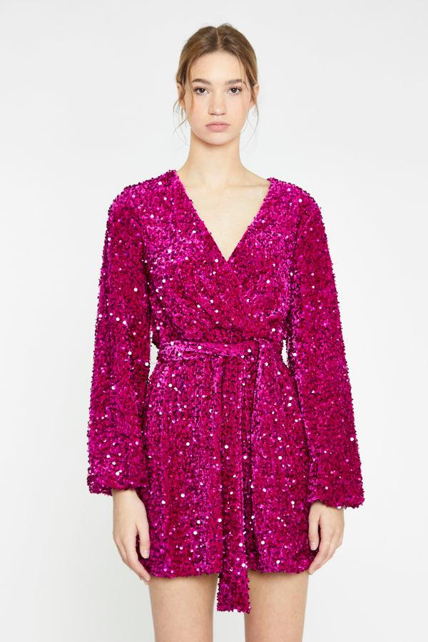 glamorous Cerise Velvet-Sequin Tie-Waist Wrap Mini-Dress