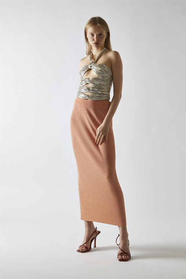 Glamorous Champagne-Lame Twist-Front Cut-Out Halterneck-Top