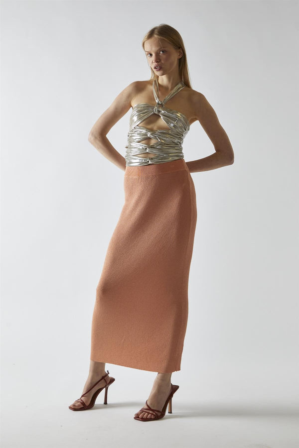 glamorous Champagne-Lame Twist-Front Cut-Out Halterneck-Top