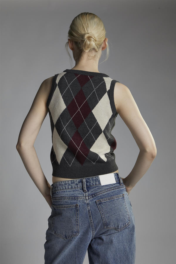 Glamorous Charcoal-Argyle Button-Front-Vest Crop-Top