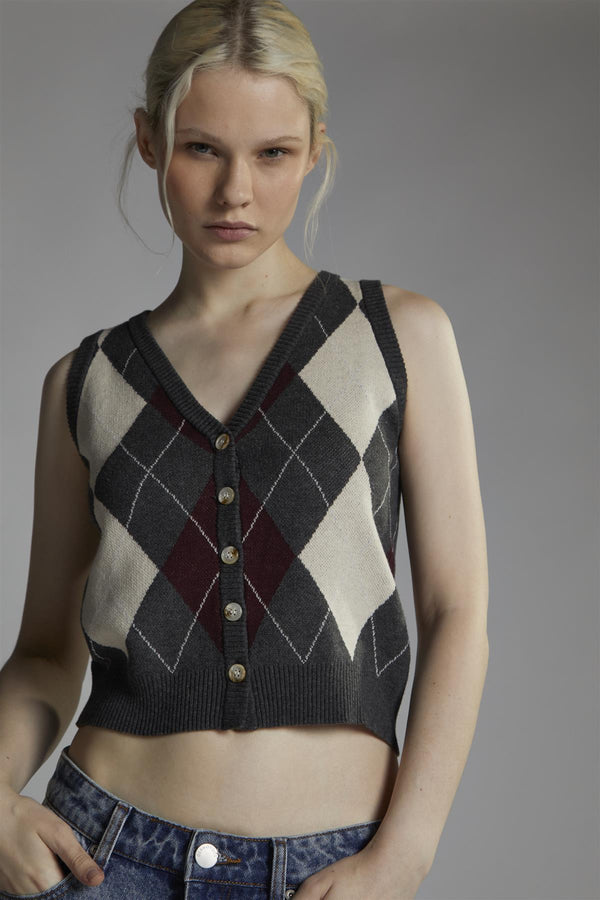 Glamorous Charcoal-Argyle Button-Front-Vest Crop-Top