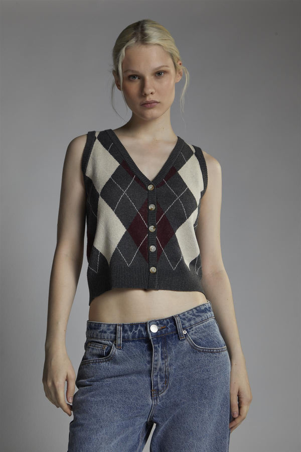 Glamorous Charcoal-Argyle Button-Front-Vest Crop-Top