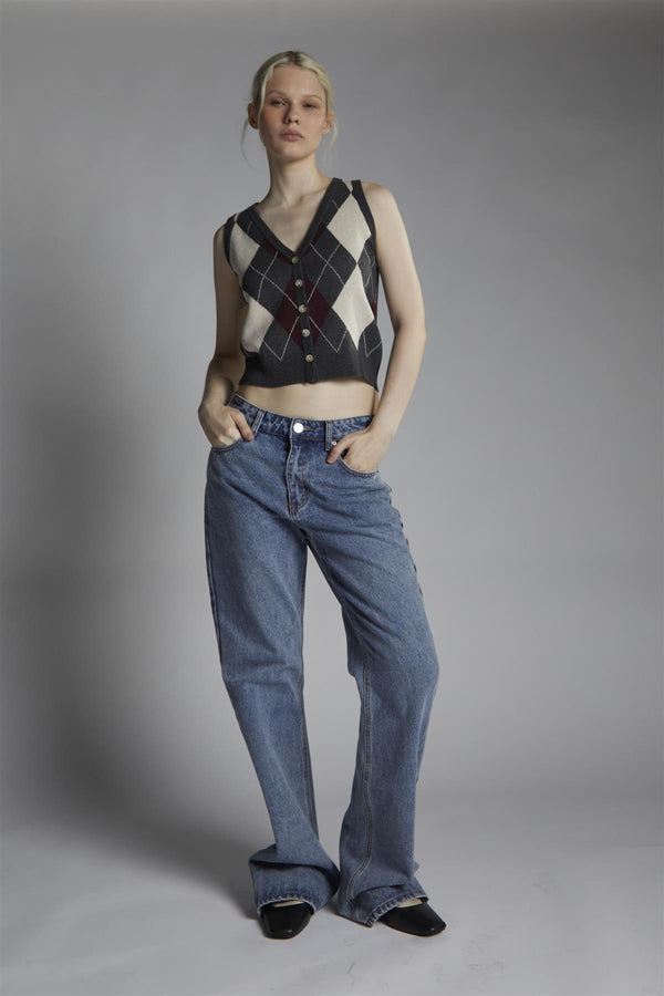 glamorous Charcoal-Argyle Button-Front-Vest Crop-Top