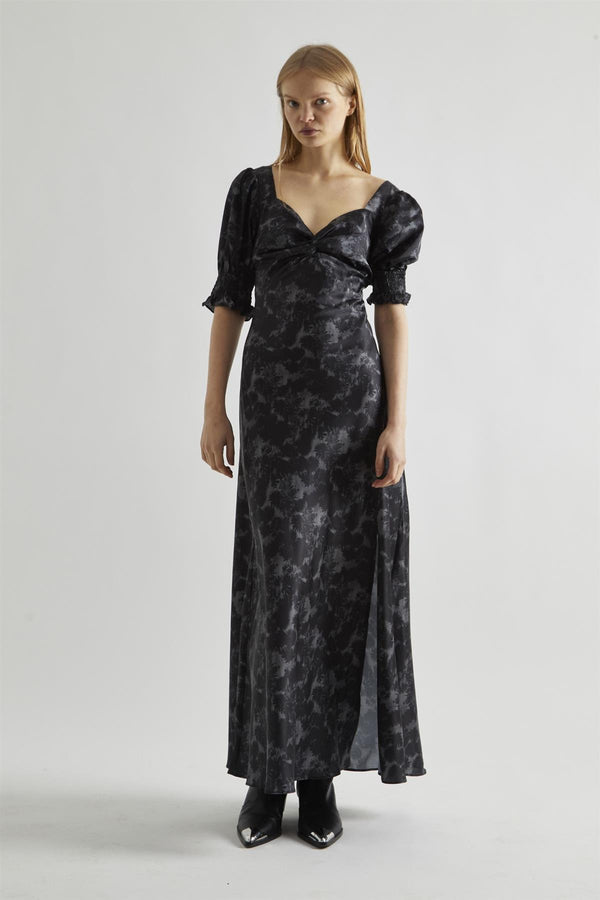 glamorous Charcoal Digital-Floral Twist-Front Maxi-Dress