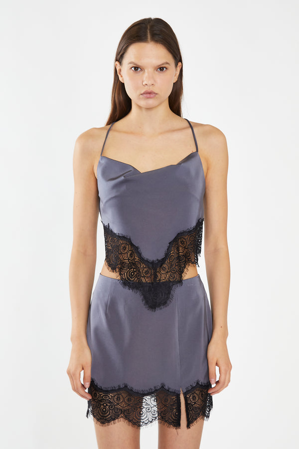 Glamorous Charcoal-Grey Black Tie-Back Cowl Neck Crop-Top