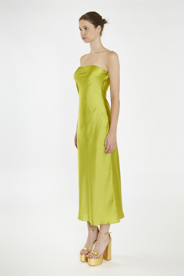 Glamorous Citrus-Green Strapless Bias-Cut Midaxi-Dress