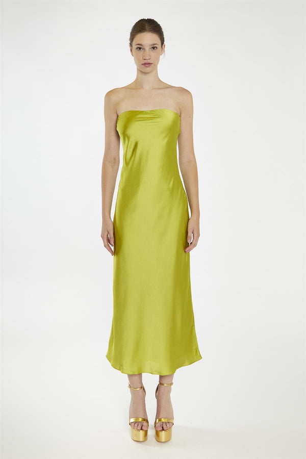 glamorous Citrus-Green Strapless Bias-Cut Midaxi-Dress