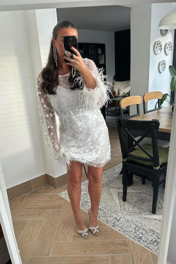 glamorous Clear-White Large-Sequin Feather Cuff Mini-Dress