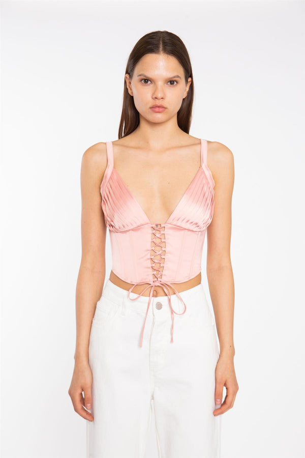 Glamorous Coral Pink Pleated Bust Lace-Up Corset-Top